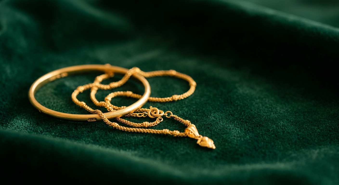 Gold jewellery displayed on green velvet